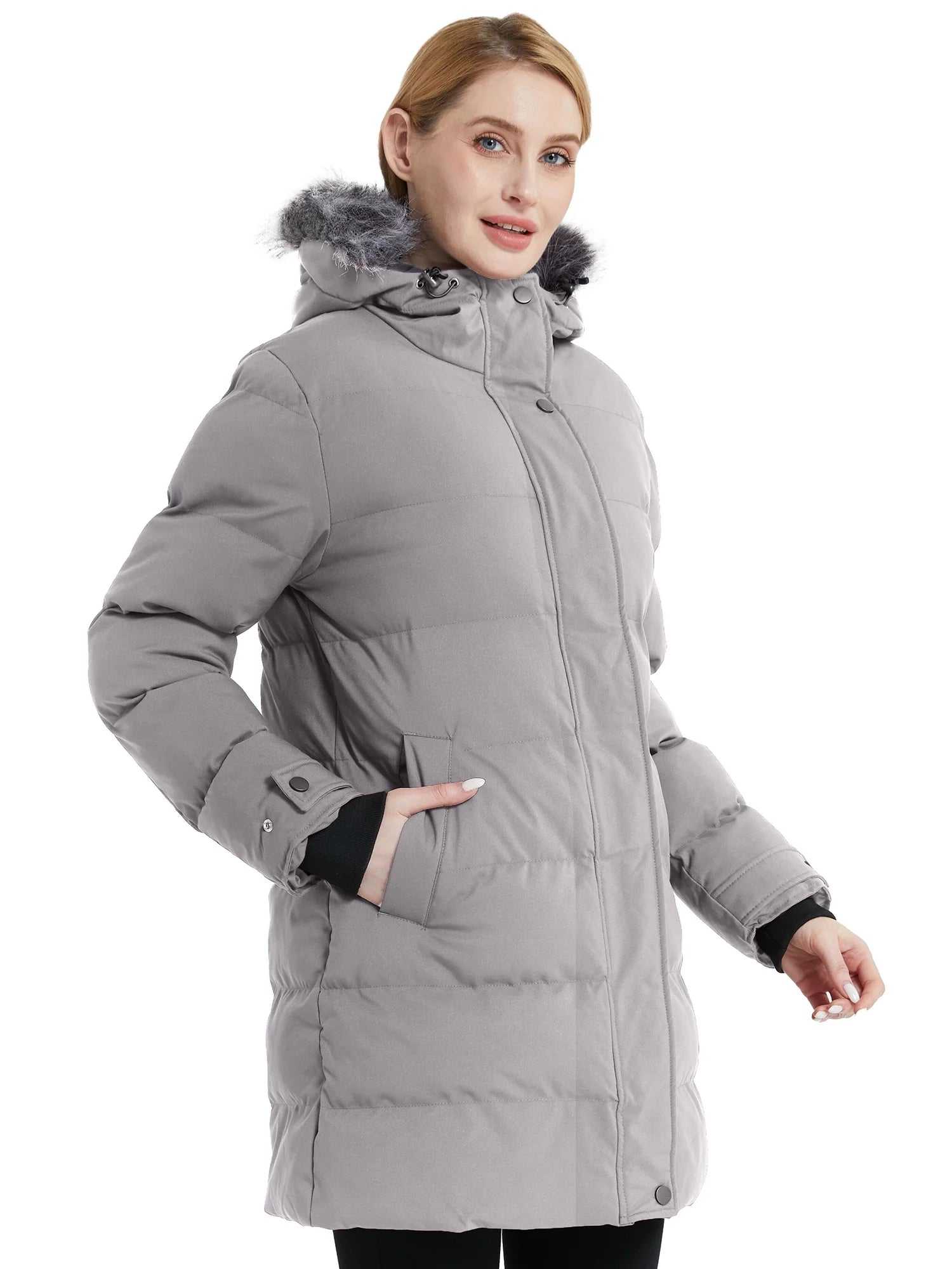 Women's charcoal waterproof winter puffer jacket with removable hood, size 2XL.