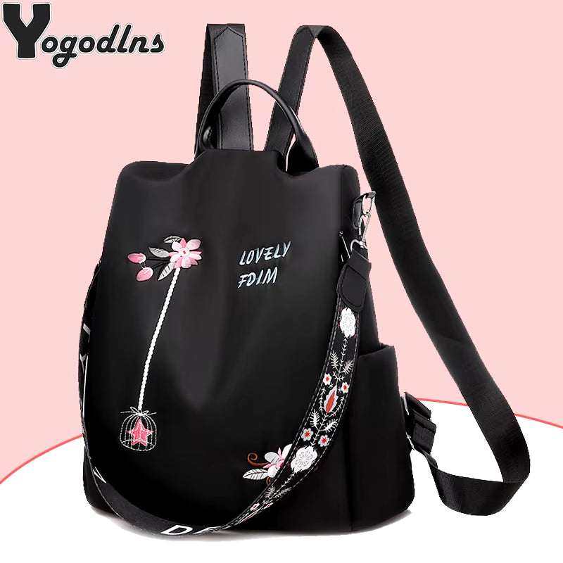 Women backpack with embroidery, anti-theft features, and waterproof Oxford material.