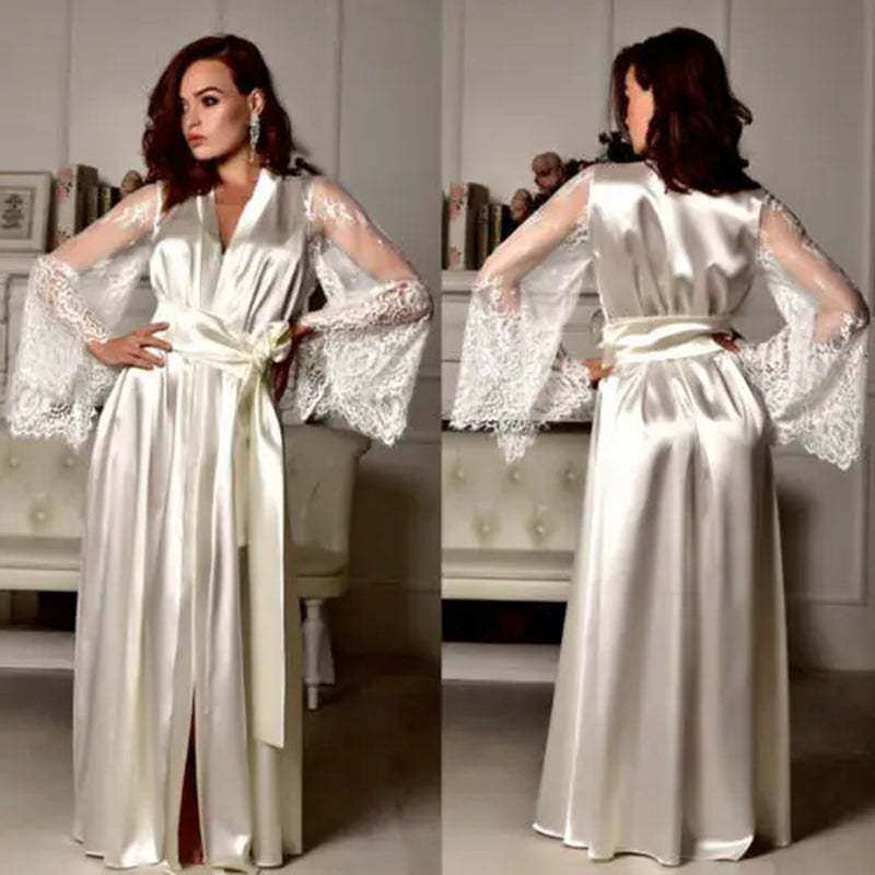 Silk lace long robe dress nightgown in white, showcasing elegant design for women.
