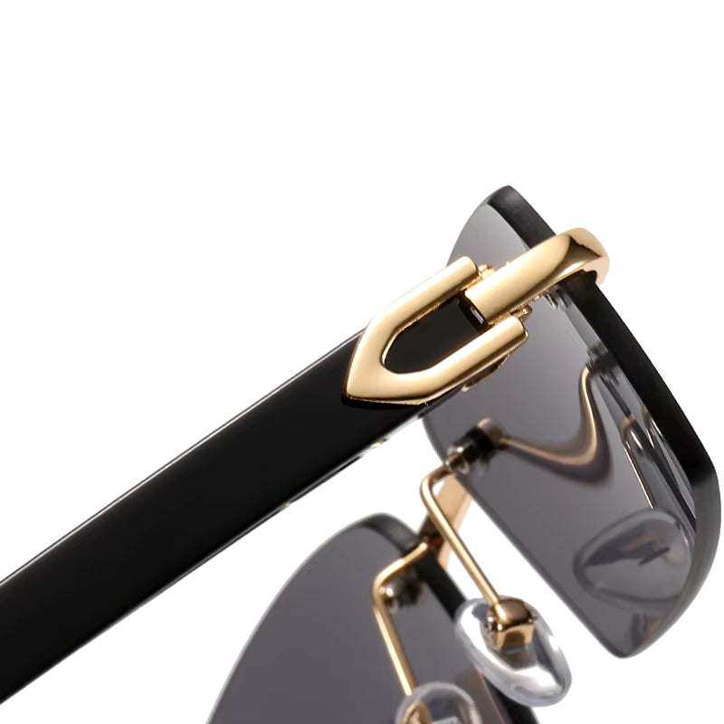 Sunglasses Rimless Rimless Horn Sunglasses with gold detailing and sleek black frame.