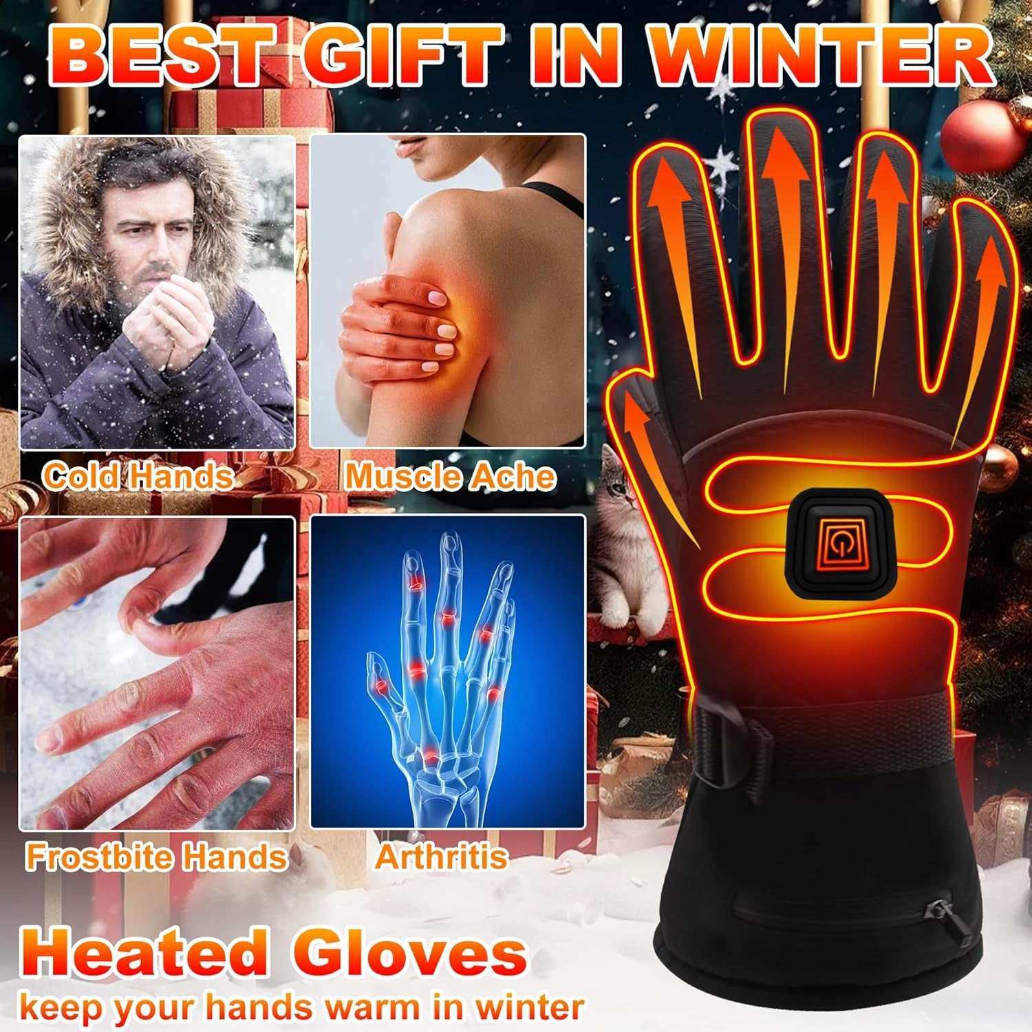 Heated thermal gloves for winter, electric rechargeable, three temperature settings, touch screen compatible, waterproof, ideal for arthritis and Raynaud's.