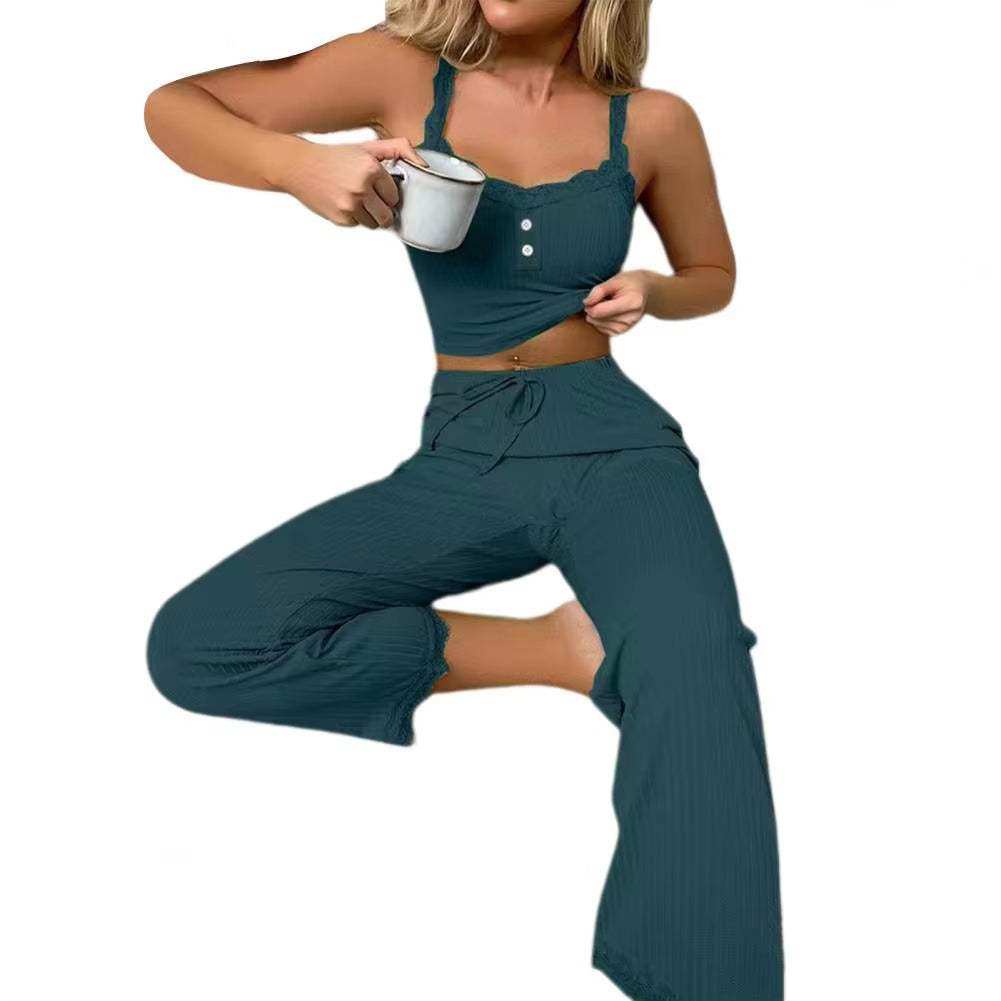 Women's summer lace pajama set with halter top and high-rise long trousers, perfect for comfortable lounging.