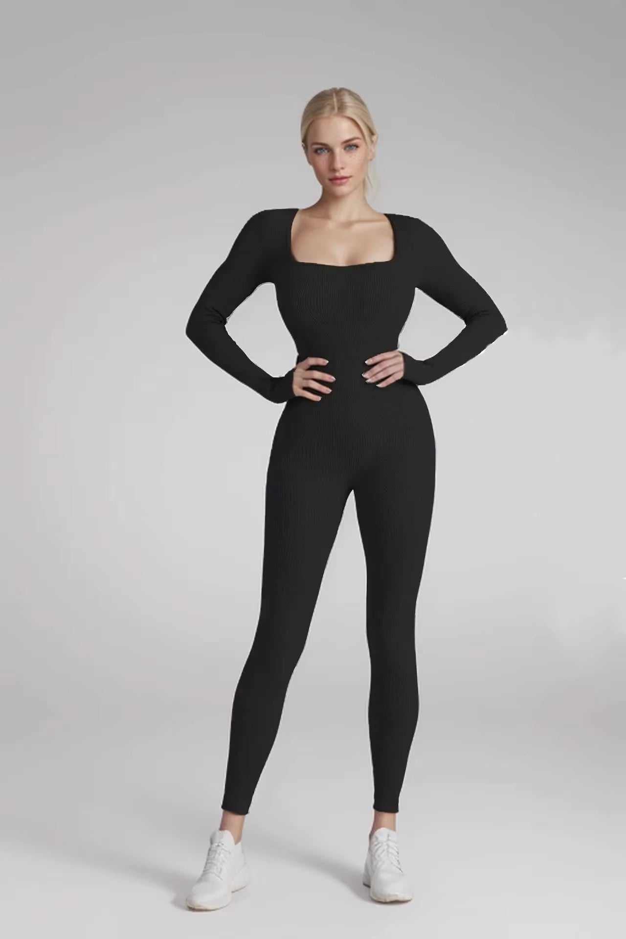New threaded fabric women's long sleeve black jumpsuit for yoga and exercise.
