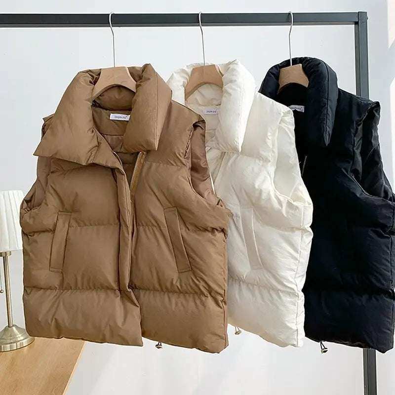 Brown, white, and black down vest coats hanging on a rail, showcasing thick and warm material, windproof design, and casual style.