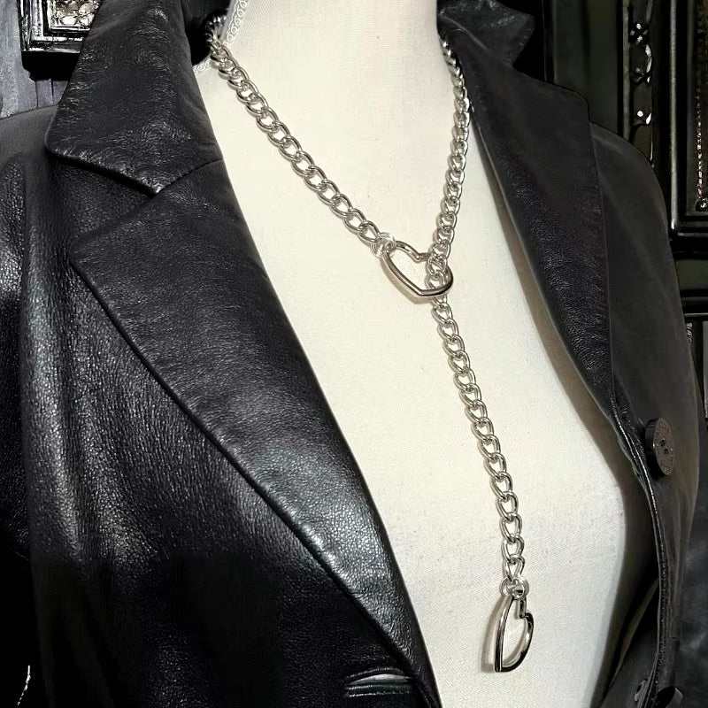 Womens Slip Chain Punk Rock Cuban Lariat Y-Necklace with Heart O-Ring and Key, Adjustable Jewelry.
