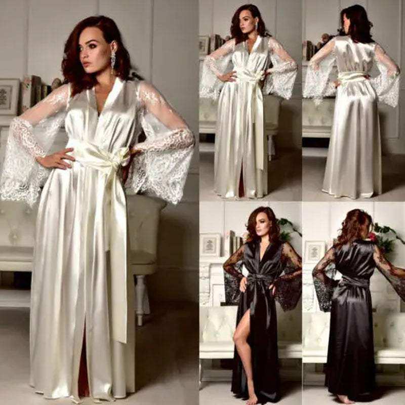 Silk lace long robe dress nightgown in white and black, modeled indoors, showcasing luxury sleepwear style.