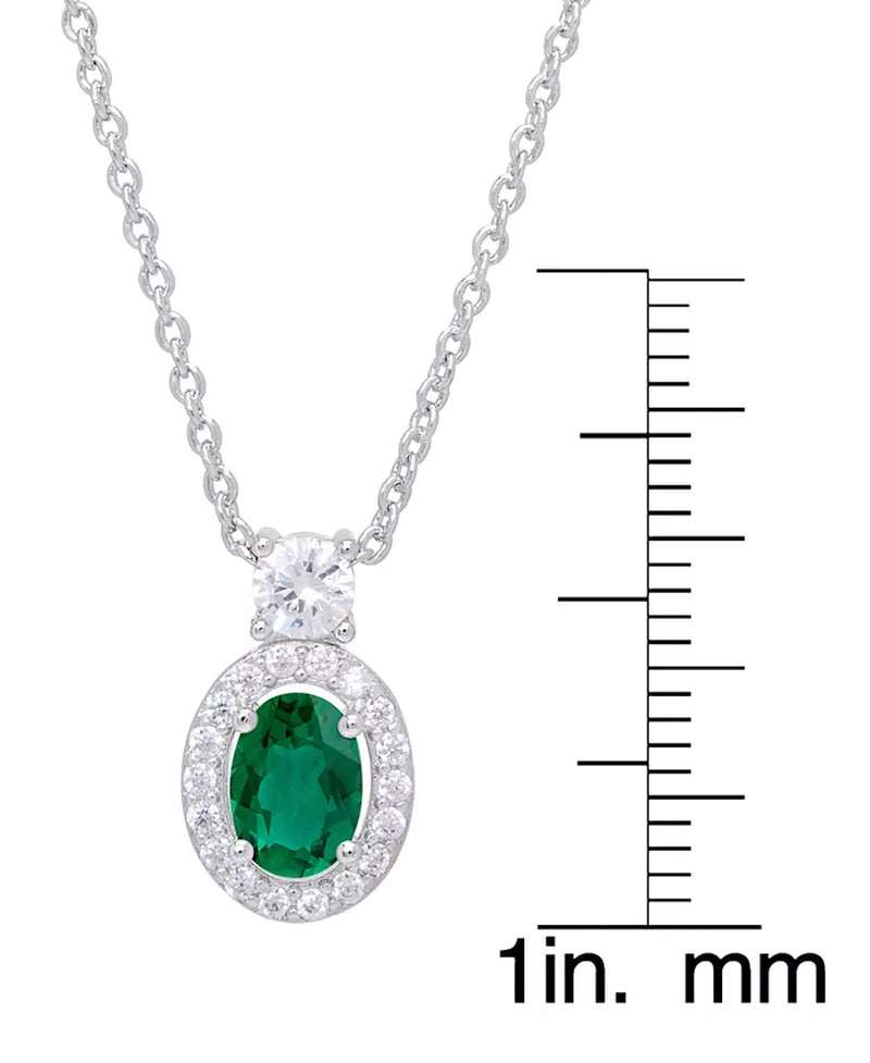 Simulated Emerald Oval Halo Pendant Necklace in Silver Plate with Cubic Zirconia, part of 3-Piece Jewelry Set.
