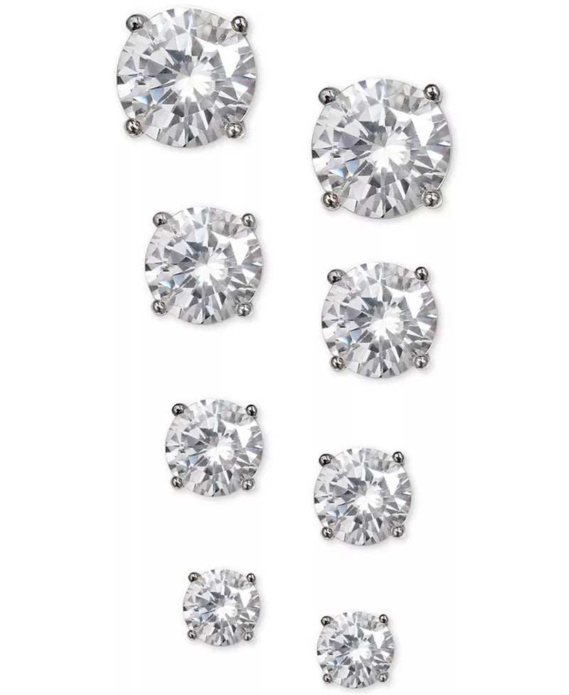 Sterling silver cubic zirconia stud earrings set, four-piece collection.
