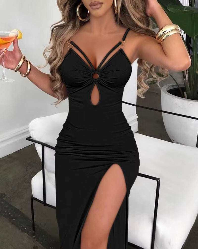 Spaghetti Strap Dress Summer Sexy Hollow Out High Slit V-Neck Plain