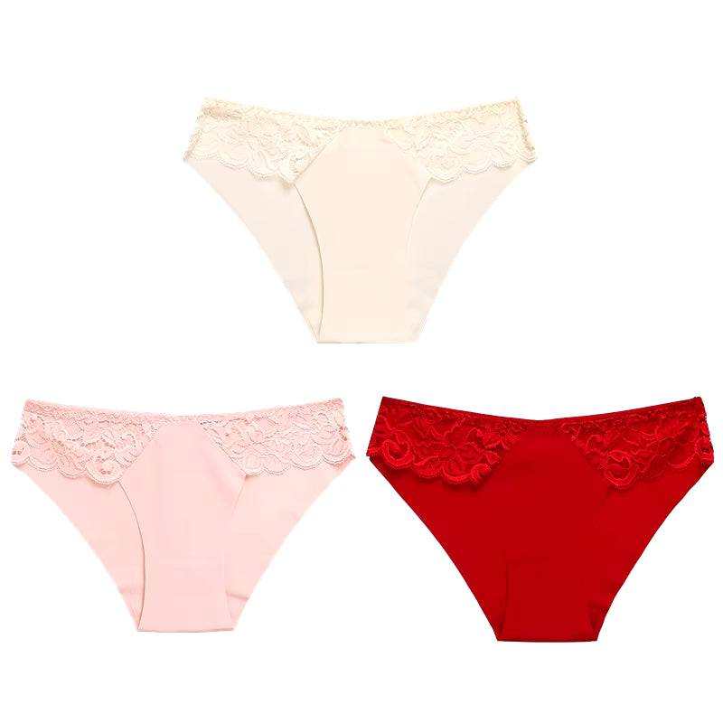 3-piece set of women's sexy underwear with lace trim in cream, pink, and red colors.