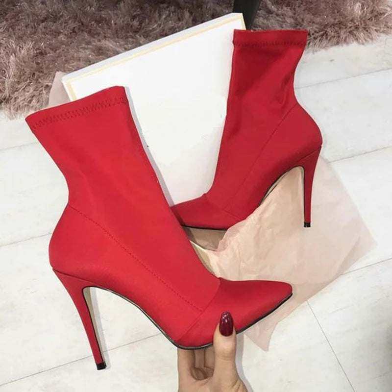 Peach rose red high heel ankle boots with sleek silk sock design.