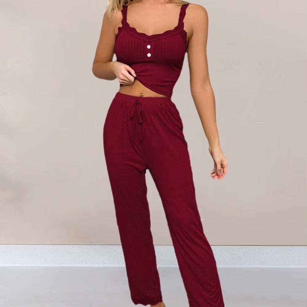 Women’s sleep lounge set with lace halter top and long trousers, perfect for summer relaxation.