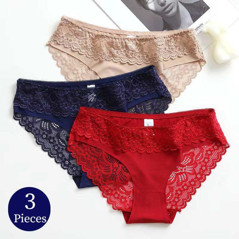 3-piece set of sexy lace silk satin women's lingerie in beige, navy, and red colors.