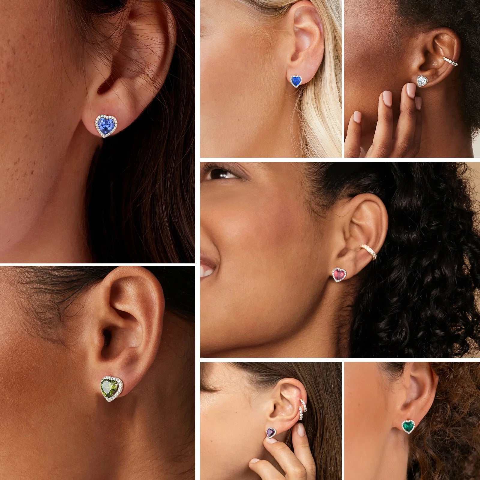 Various women wearing colorful heart-shaped birthstone earrings.