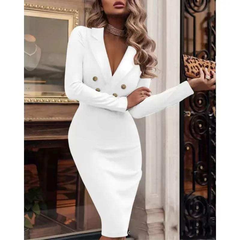Elegant white double breasted dress for business events and meetings.