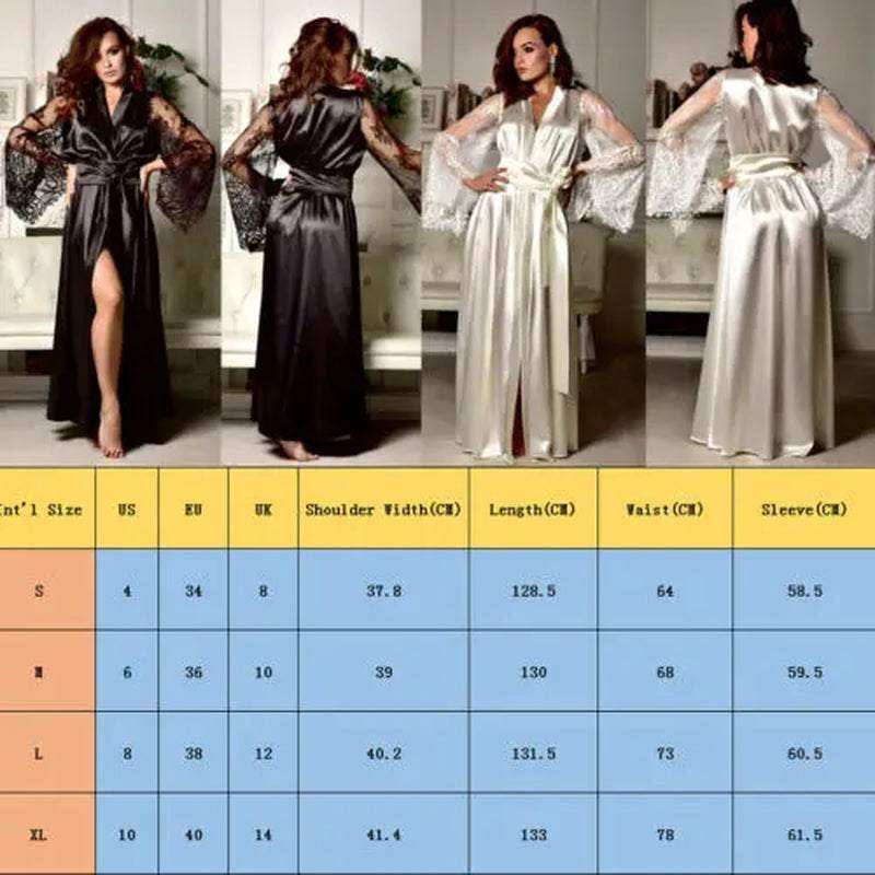 Sexy lingerie silk lace long robe nightdress in black and white, featuring size chart.