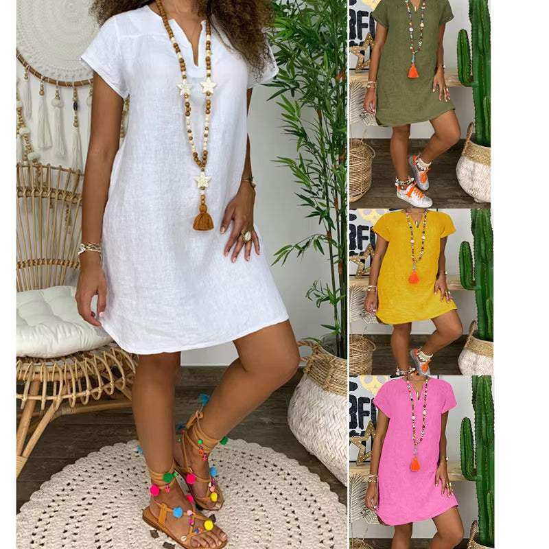 Women's summer loose solid color short-sleeved V-neck cotton linen dress in various colors.