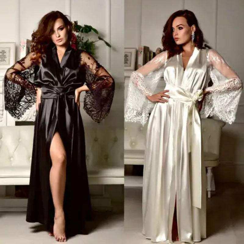 Women's silk lace long robe dress nightgown in black and white, sexy lingerie style.