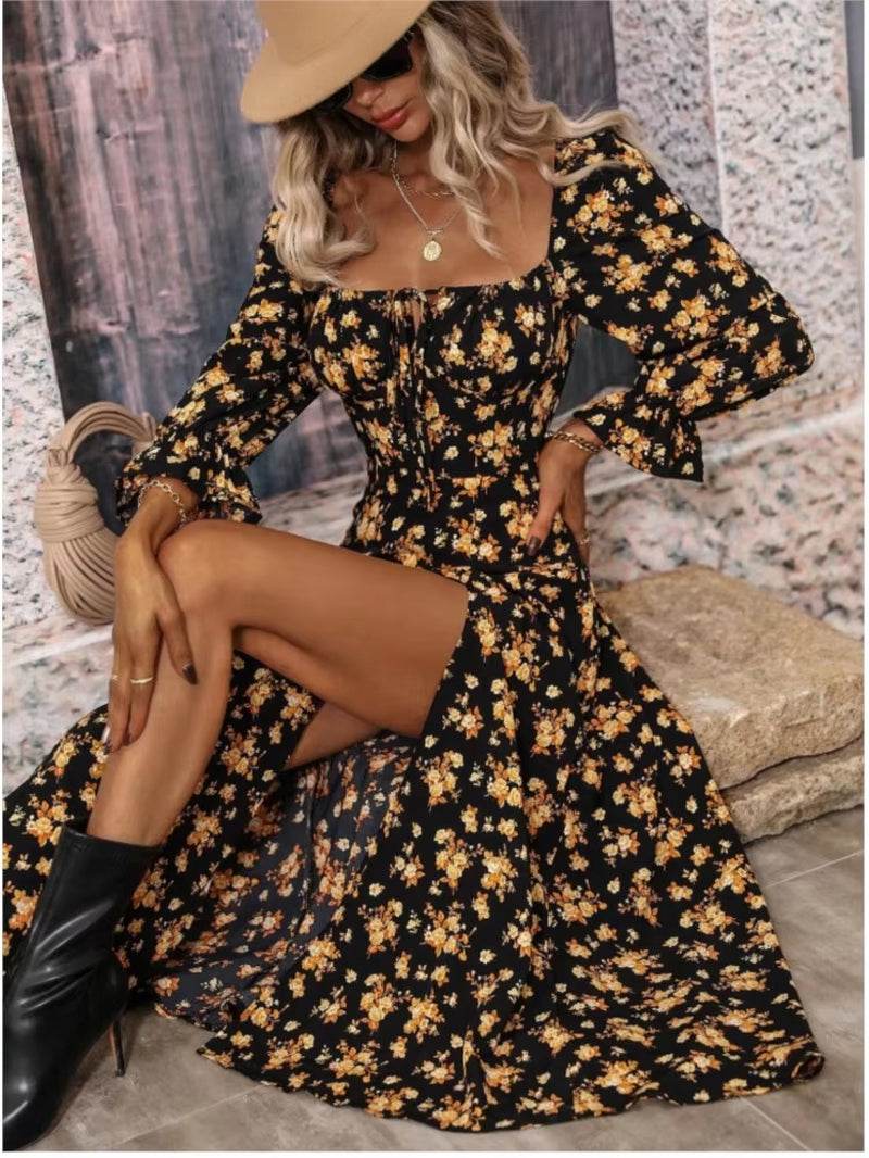 Women's spring fashion print split dress with square neck and floral design.