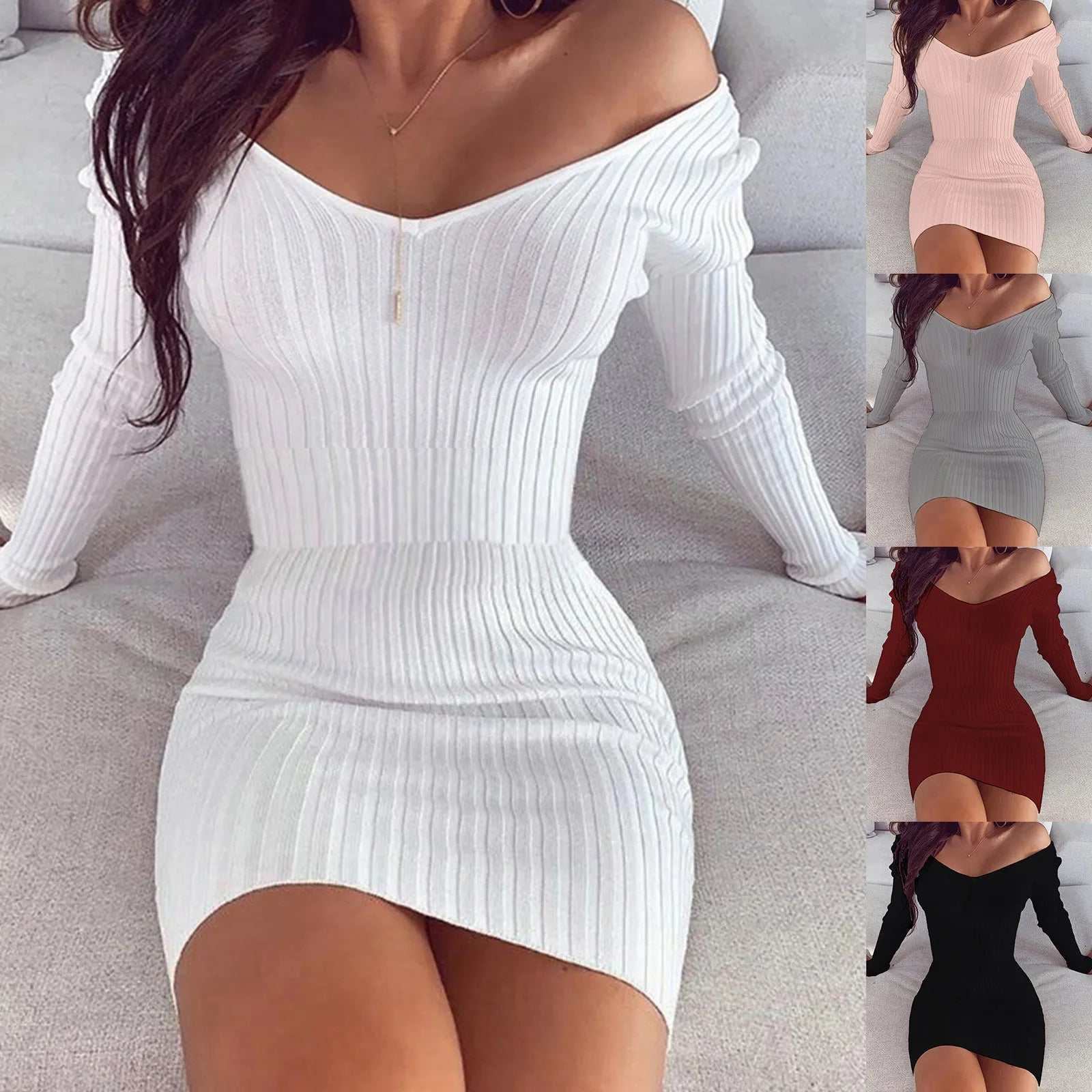 White off-shoulder long sleeve sweater dress, perfect for spring and autumn; versatile and stylish mini dress for women.