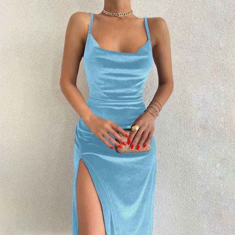 Spring/Summer blue slim fit strap dress with split detail, enhancing curves and style.