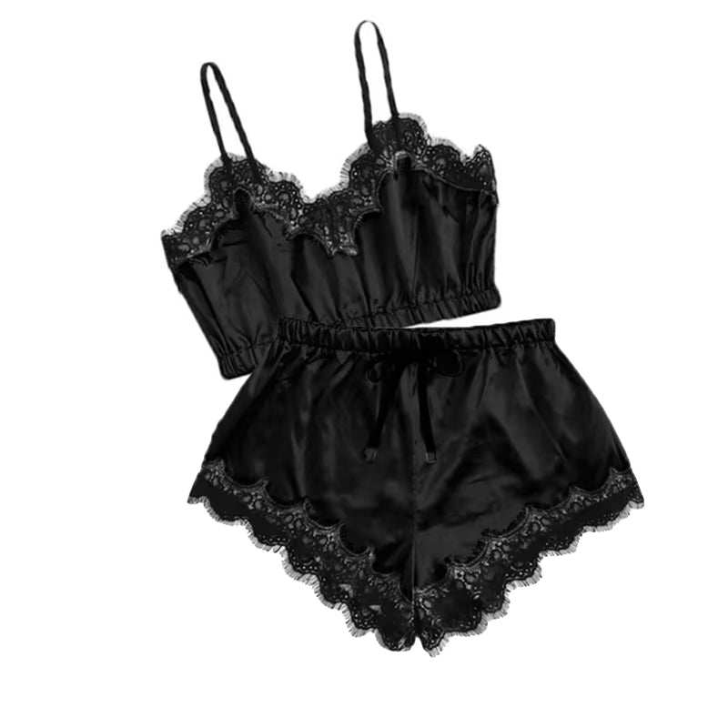 Black Sexy Underwear Pajamas Satin 4-Piece Lace Silk Suspender Tops Shorts Robe Pajamas Set Nightgown Underwear Nightdress Suit