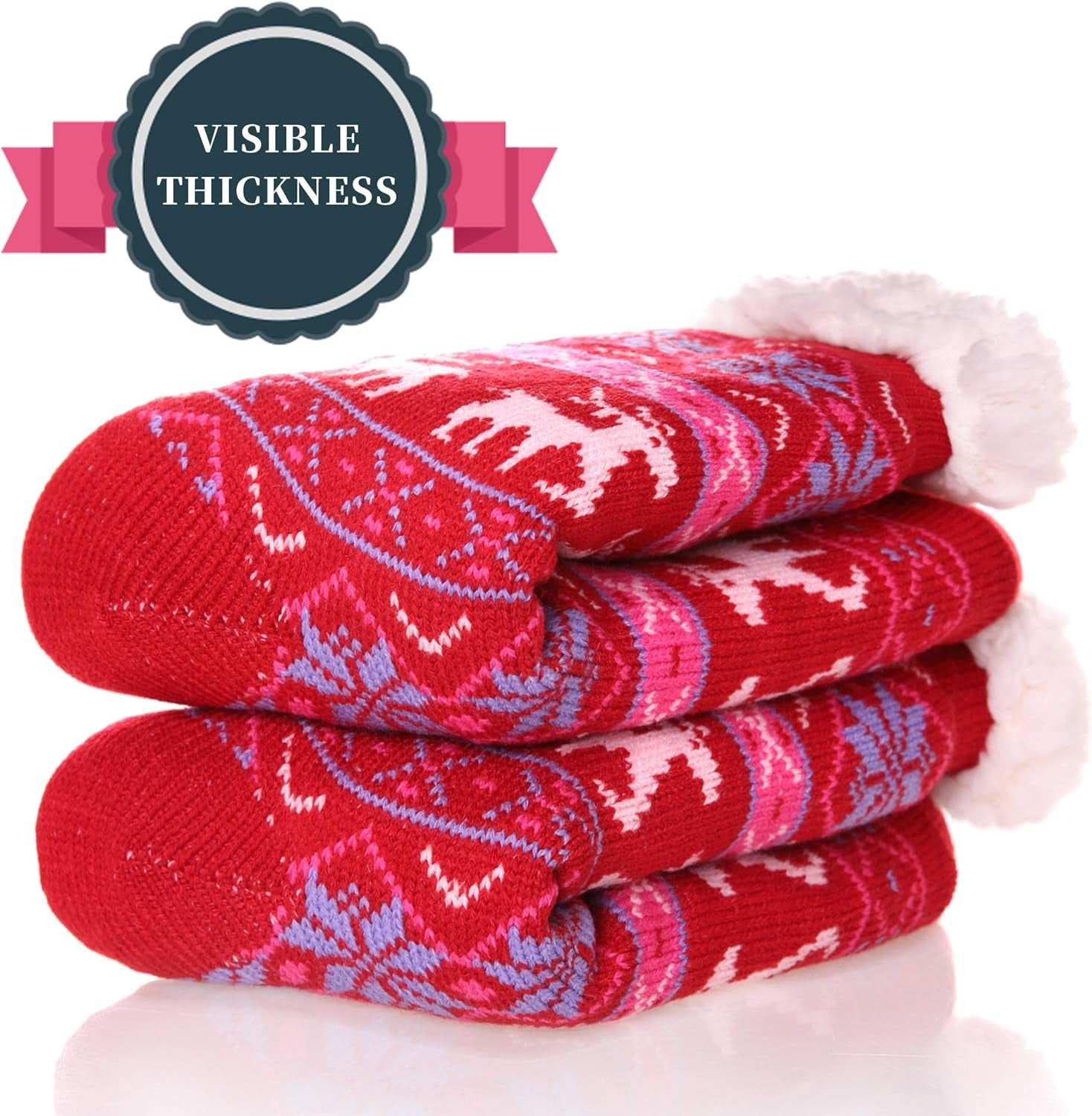 Red fuzzy slipper socks with snowflake and deer patterns, fleece-lined for warmth, and featuring non-slip grippers.