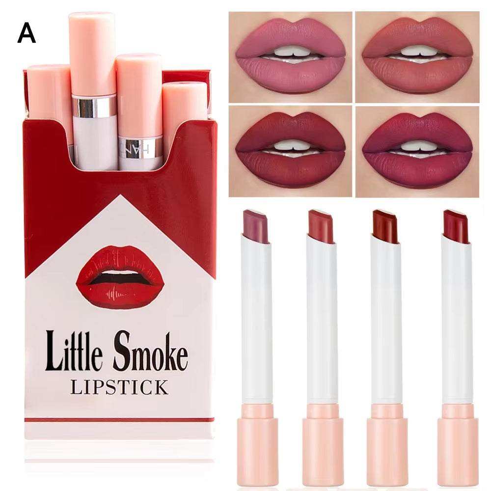 Creative Cigarette Lipstick Set, 4 matte colors, long-lasting waterproof makeup.