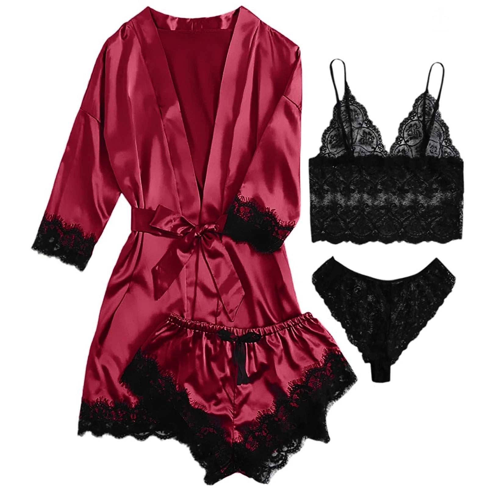 Silk satin women pajamas set with lace details, includes robe, shorts, top, and adjustable waist belt.