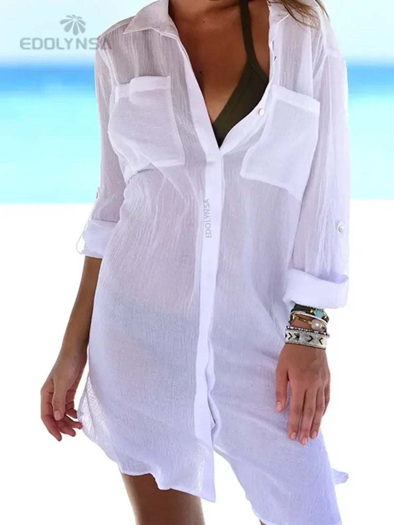 White tunic dress beach cover-up for women with mandarin sleeves, perfect for swimsuit layering.