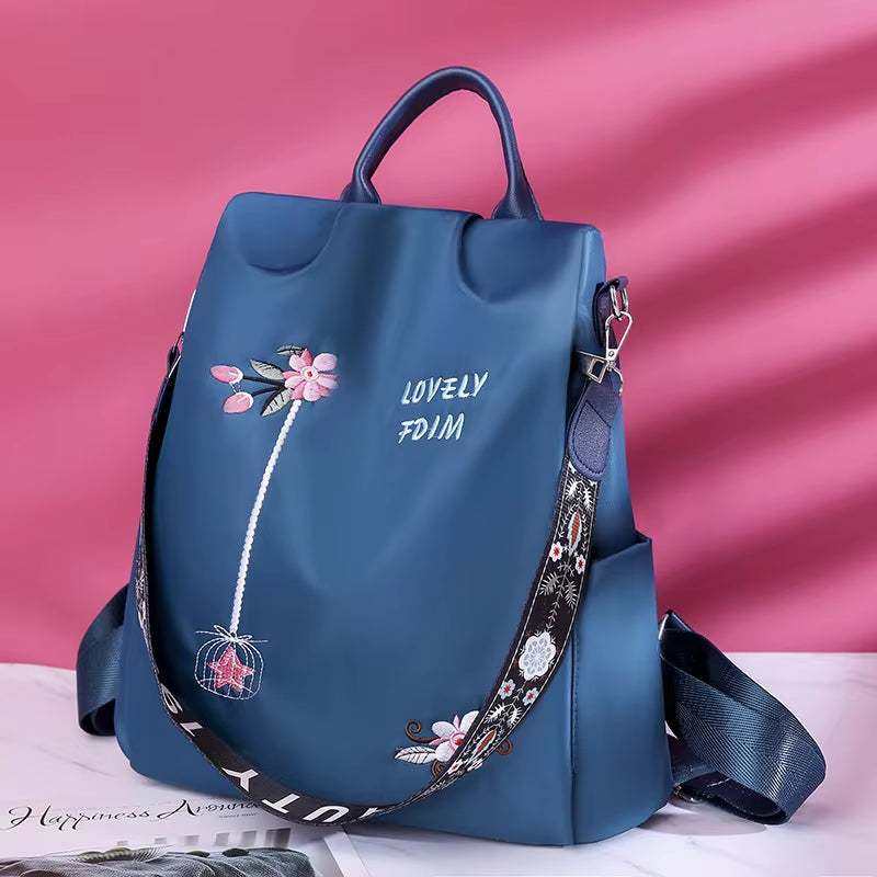 Women Backpack Fashion Anti-Theft School Bag with Embroidery Design, Waterproof Oxford Material.