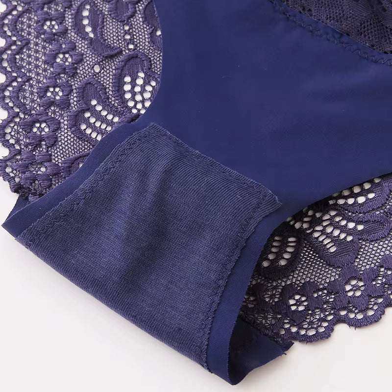 Luxurious navy blue lace silk satin panties from 3-piece sexy lingerie set, showcasing intricate lace detailing.