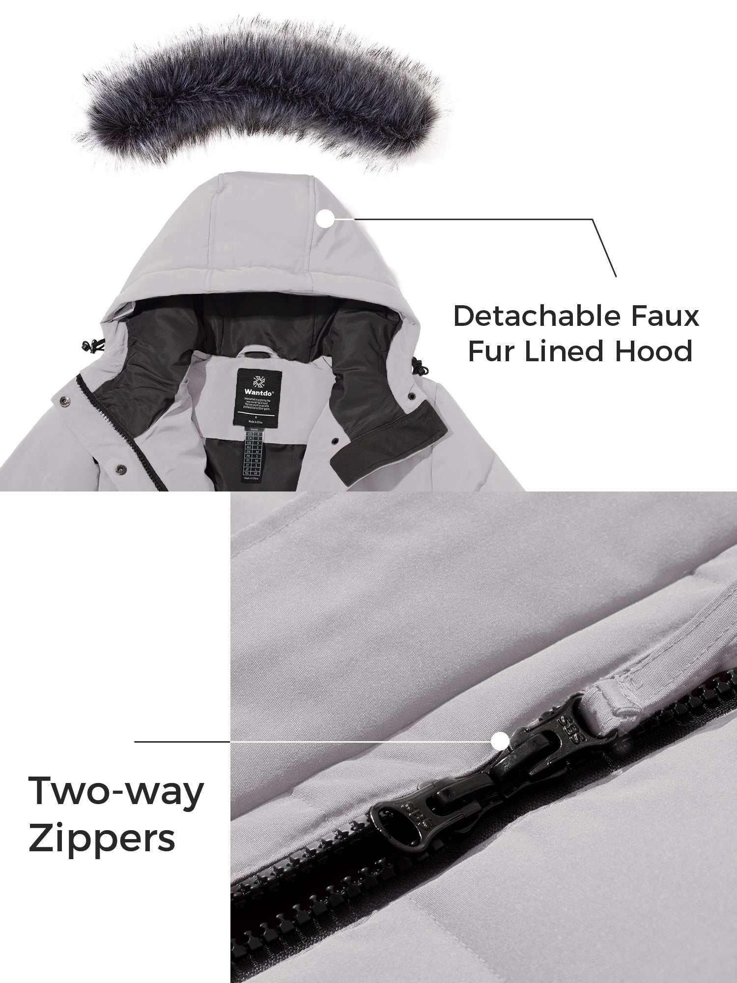 Women's charcoal waterproof winter jacket with detachable faux fur-lined hood and two-way zippers.