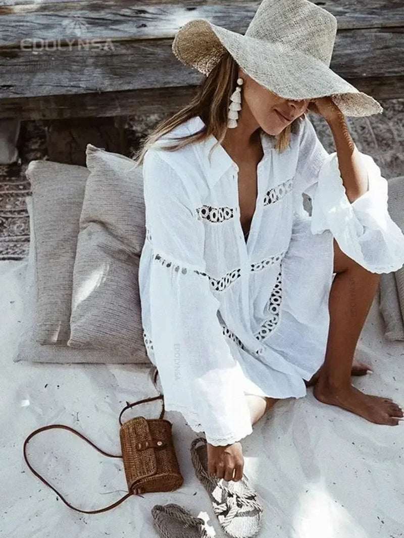 White Women Swimsuit Cover-Up Dress with Hat on Sand