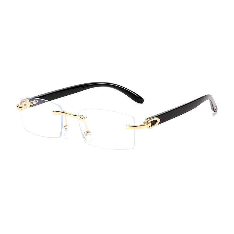 Sunglasses Rimless Rimless horn sunglasses with black temples and gold detailing, offering UV-400 protection.