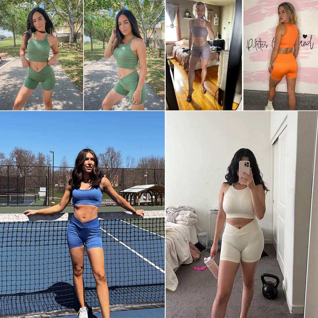 Women wearing KISSMODA 2 piece yoga suits in various colors and settings, highlighting style and functionality for workouts and casual wear.