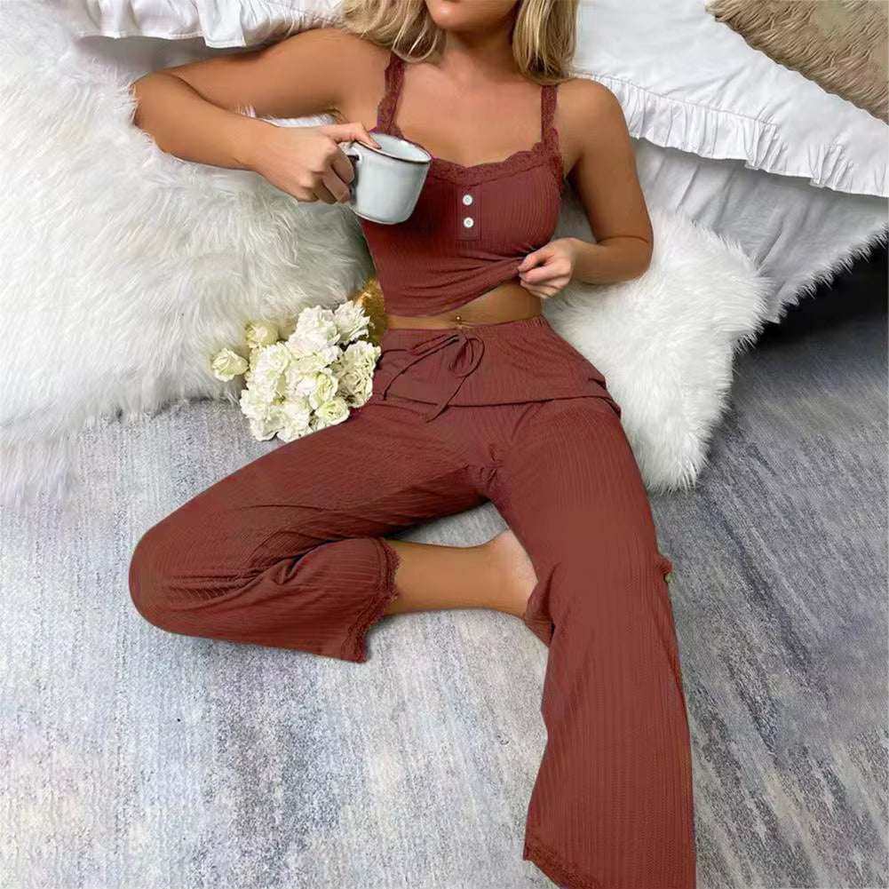 Sleep Lounge sexy casual pajamas set for women, featuring a lace halter top and long high-rise trousers in a soft, breathable fabric, ideal for summer relaxation.