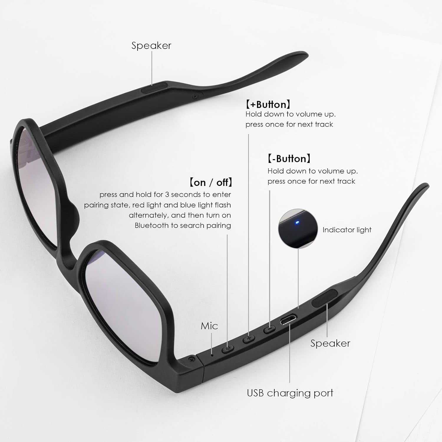 Smart audio Bluetooth sunglasses with built-in speaker, mic, and controls, featuring USB charging port.