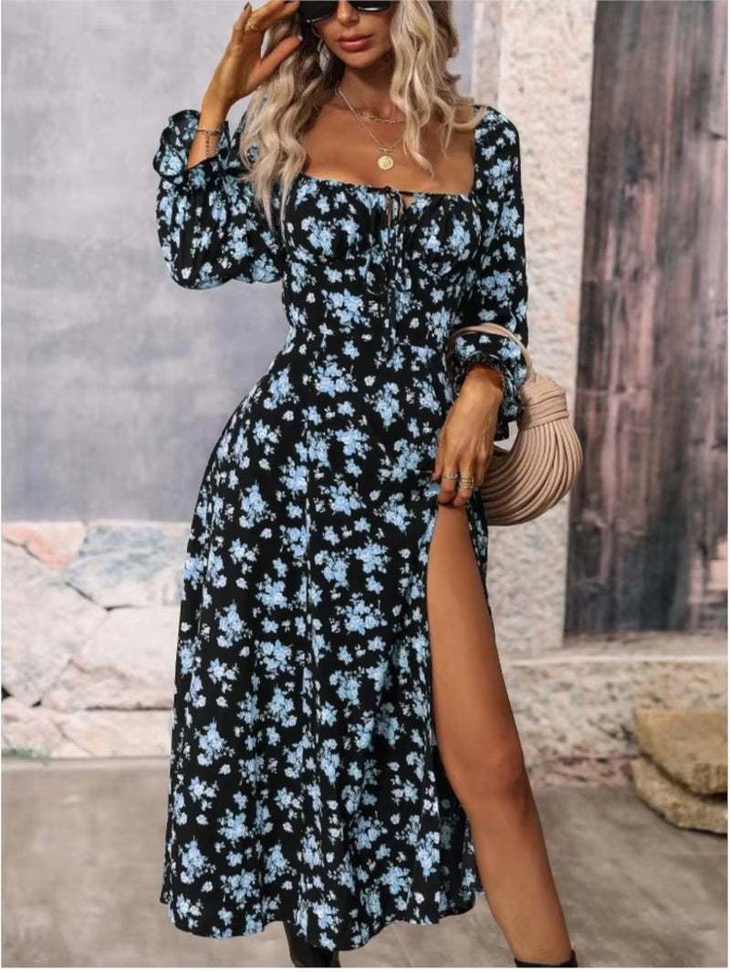 Women's spring fashion print split dress with square neck and wrap style.