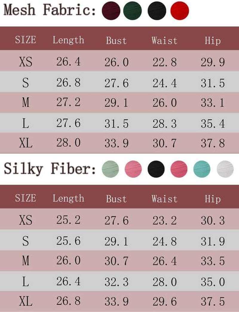 Women's spaghetti strap bodycon mini dresses size chart with mesh and silky fiber options in various colors.